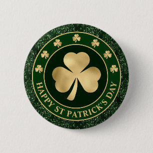 Groene en gouden klavertjevier Shamrock St. Patric Ronde Button 5,7 Cm