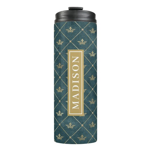 Groene en Gouden Koningin Kroonpatroon Aangepaste Thermosbeker (Voorkant)