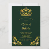 Groene en gouden koninklijke kroonparen - Uitnodig Kaart (Voorkant)