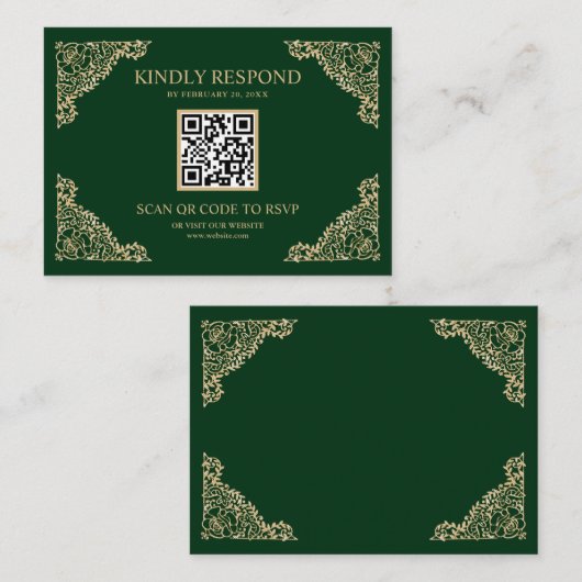 Groene en gouden Lijst QR-code RSVP Weddenschap We Informatiekaartje (Voorkant / Achterkant)