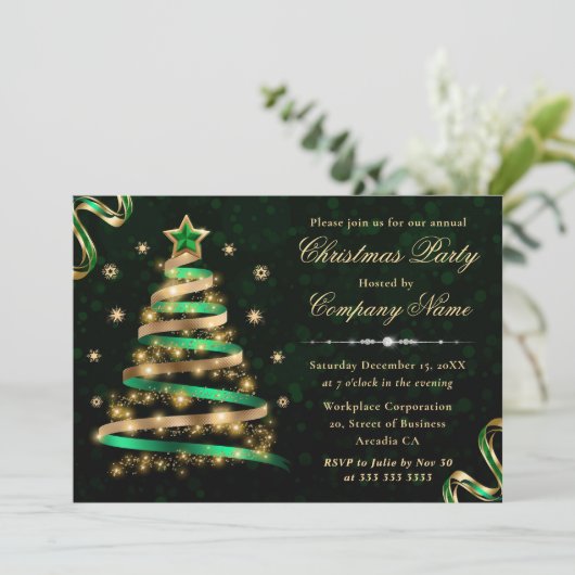 Groene en gouden lintboom - kerst in bedrijven kaart (Staand voorkant)