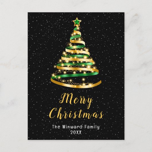 Groene en gouden lintboom, pretkerst feestdagenkaart (Voorkant)