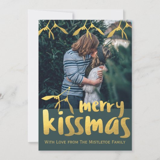 Groene en gouden Merry Kissmas Photo Holiday Kaart (Voorkant)