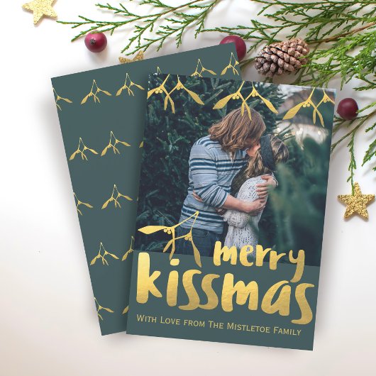 Groene en gouden Merry Kissmas Photo Holiday Kaart