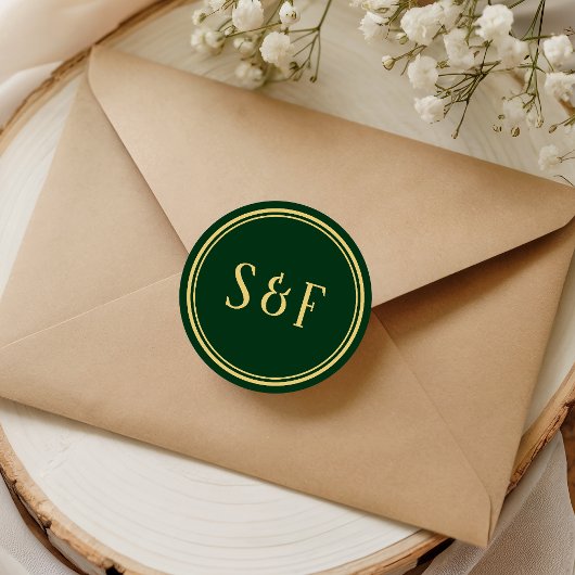 Groene en Gouden Monogram Envelopzegel Ronde Sticker