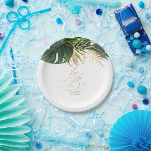 Groene en gouden palmbladeren tropisch elegant papieren bordje (Feest)