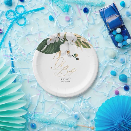 Groene en gouden palmbladeren Witte orchideeën Ele Papieren Bordje (Feest)