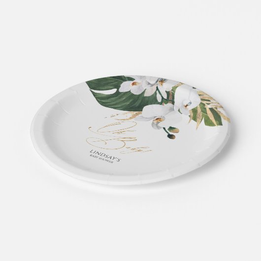 Groene en gouden palmbladeren Witte orchideeën Ele Papieren Bordje (Gekanteld)