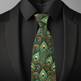 Groene en Gouden Pauw Veer Necktie Stropdas
