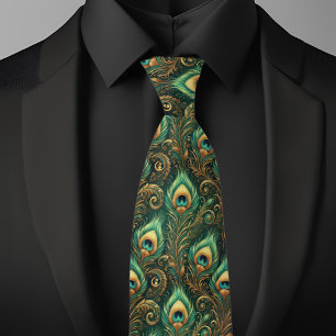 Groene en Gouden Pauw Veer Necktie Stropdas