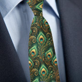 Groene en Gouden Pauw Veer Necktie Stropdas