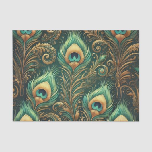 Groene en gouden Pauw Veren Decoupage Papier (Voorkant)