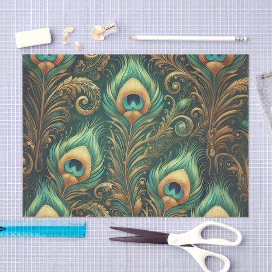 Groene en gouden Pauw Veren Decoupage Papier (Craft)