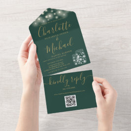 Groene en gouden QR-code Mason Jars Lichtsnoeren T All In One Uitnodiging