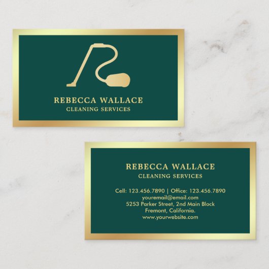 Groene en gouden stofzuiger reinigingsdiensten visitekaartje (Voorkant / Achterkant)