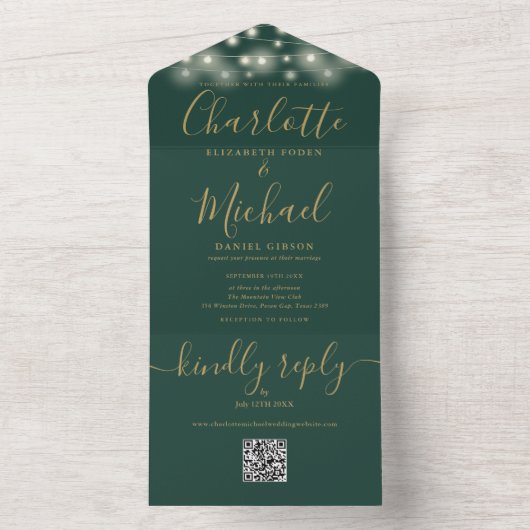 Groene en gouden string lichten QR code bruiloft All In One Uitnodiging (Binnen)