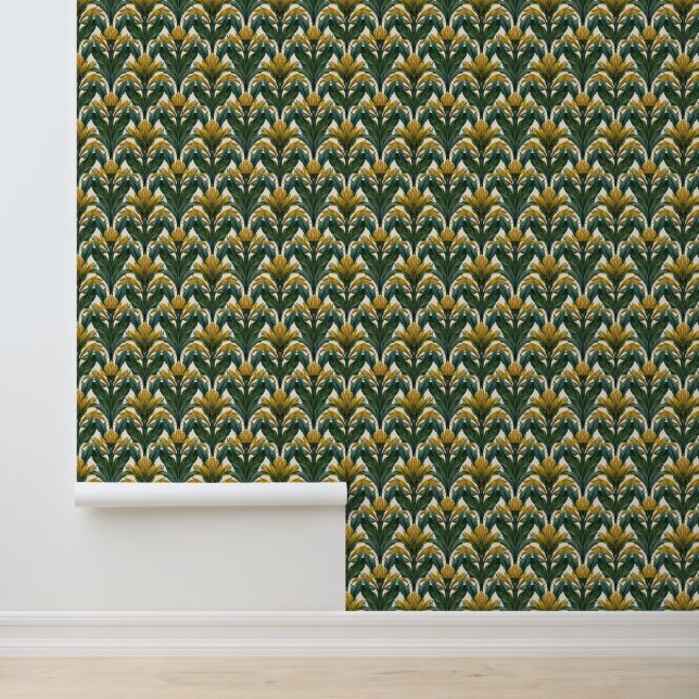 Groene en gouden tropische bladeren en bloemen behang (Applicatie)
