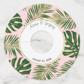 Groene en gouden tropische bladeren roze bruiloft wijnglaslabel (Voorkant)