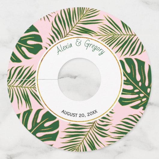 Groene en gouden tropische bladeren roze bruiloft wijnglaslabel (Voorkant)
