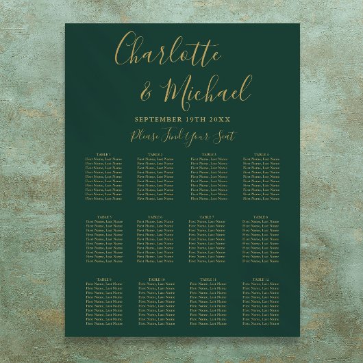Groene en gouden trouwstoelindeling poster