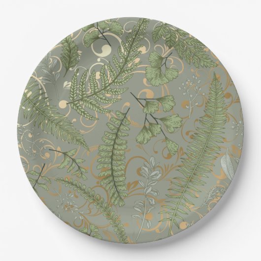 Groene en gouden varen patroon papieren bordje (Voorkant)