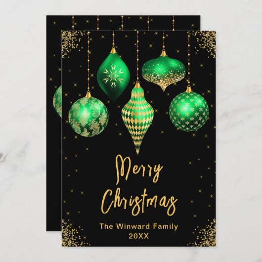 Groene en Gouden Versieringen Prettig Kerstmis Feestdagenkaart (Voorkant / Achterkant)