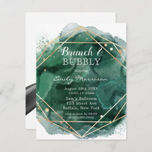 Groene en gouden Waterverf Brunch en Bubble Kaart (Voorkant / Achterkant)