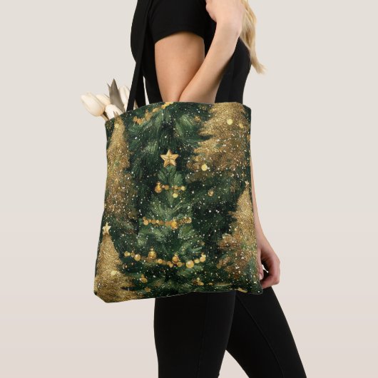 GROENE EN GOUDEN WINTERVAKANTIE KERSTBOMEN TOTE BAG (Dichtbij)