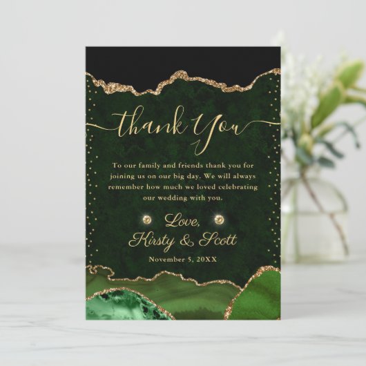 Groene en goudfaux Glitter Agate Wedding Bedankkaart (Staand voorkant)