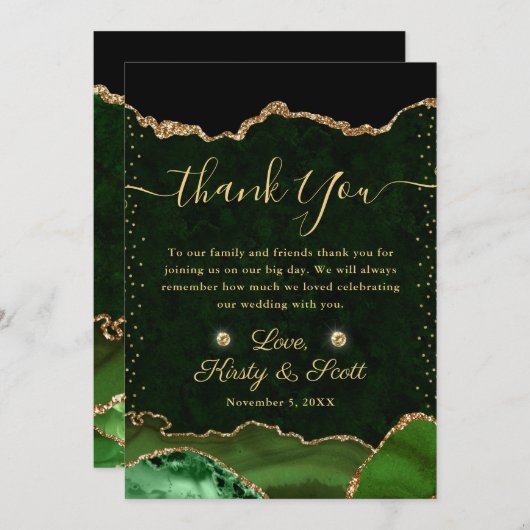 Groene en goudfaux Glitter Agate Wedding Bedankkaart (Voorkant / Achterkant)