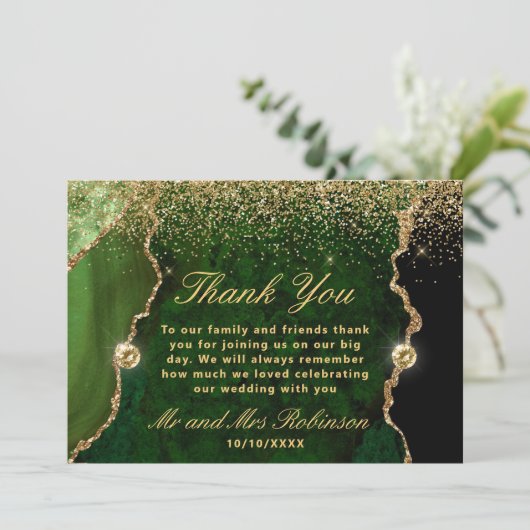 Groene en goudfaux Glitter Agate Wedding Bedankkaart (Staand voorkant)