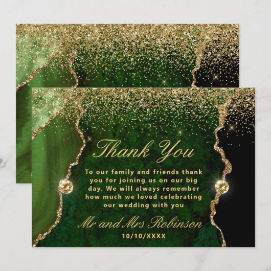 Groene en goudfaux Glitter Agate Wedding Bedankkaart (Voorkant / Achterkant)