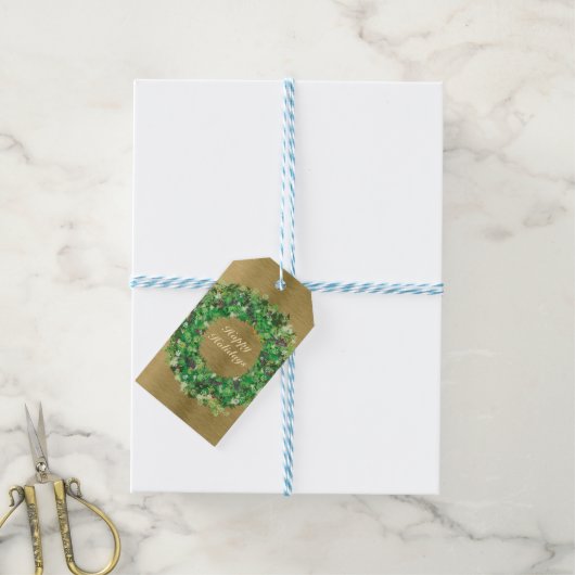 Groene en goudfeestdag Wreath Cadeaulabel (Met Touw)
