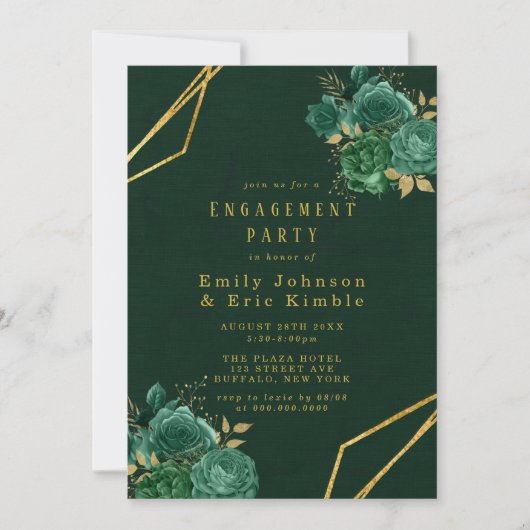 Groene en goudgeometrische Floral Engagement Party Kaart (Voorkant)