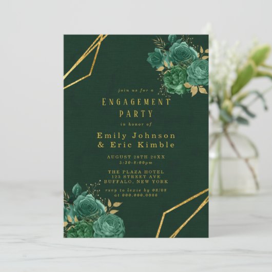 Groene en goudgeometrische Floral Engagement Party Kaart (Staand voorkant)