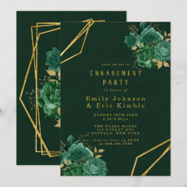 Groene en goudgeometrische Floral Engagement Party Kaart