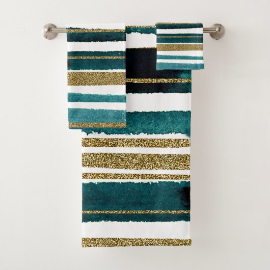 Groene en goudglitterstrepen badhanddoekset bad handdoek (Insitu)