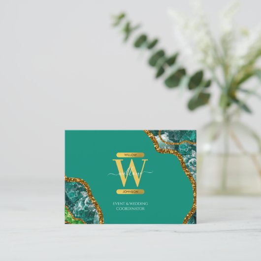 Groene en goudgrijs Geode Glitter Monogram Marmer Visitekaartje (Staand voorkant)