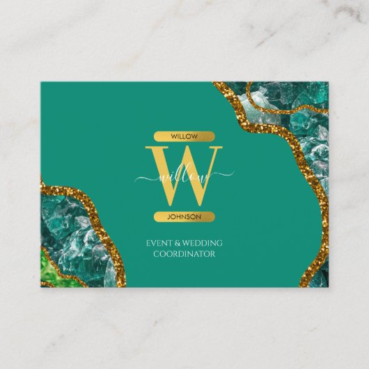 Groene en goudgrijs Geode Glitter Monogram Marmer Visitekaartje (Voorkant)