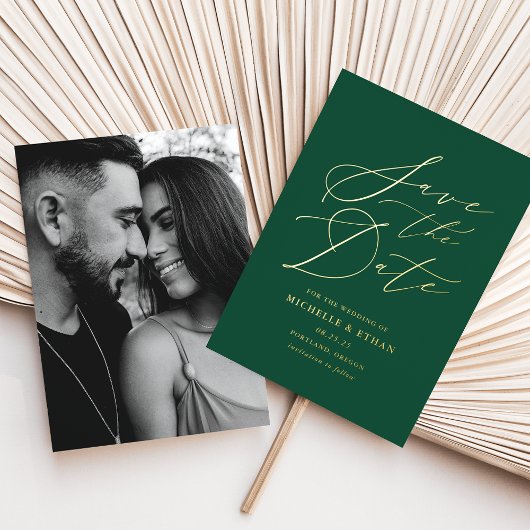 Groene en goudkalligrafie Foto Opslaan Datum Folie Uitnodiging