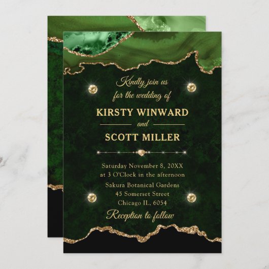 Groene en goudkleurige Agate Marmer Wedding Kaart (Voorkant / Achterkant)