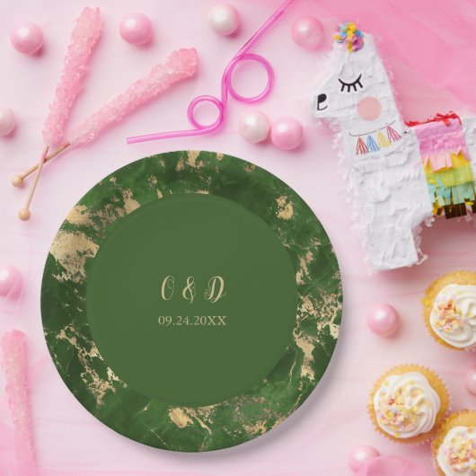 Groene en goudmarmer bruiloft papieren bordje (Feest)