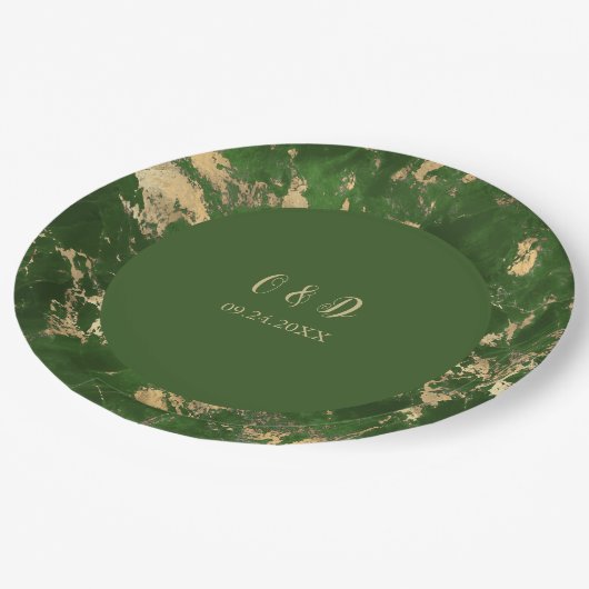 Groene en goudmarmer bruiloft papieren bordje (Gekanteld)