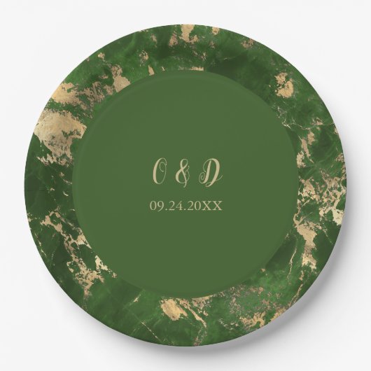 Groene en goudmarmer bruiloft papieren bordje (Voorkant)