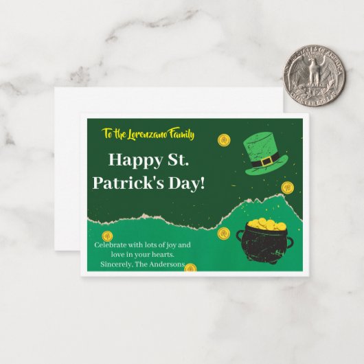 Groene en goudmunten Lines St Patrick's Day Kaart Notitiekaartje (Voorkant / Achterkant in situ)
