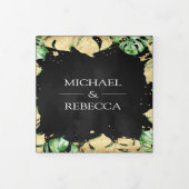 Groene en goudoliemonstera Palm Black Wedding Drieluik Uitnodiging (Cover)