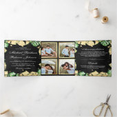 Groene en goudoliemonstera Palm Black Wedding Drieluik Uitnodiging (Binnen)