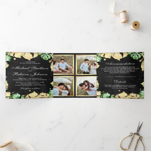 Groene en goudoliemonstera Palm Black Wedding Drieluik Uitnodiging (Binnen)