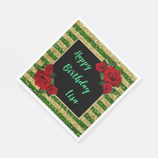 Groene en goudstrepen roze rozen van zaterdag servet (Hoek)