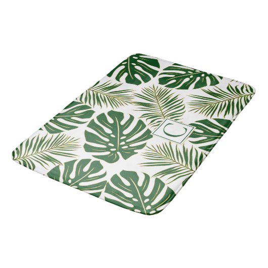 Groene en goudtropische bladeren en monogram badmat (Gekanteld)